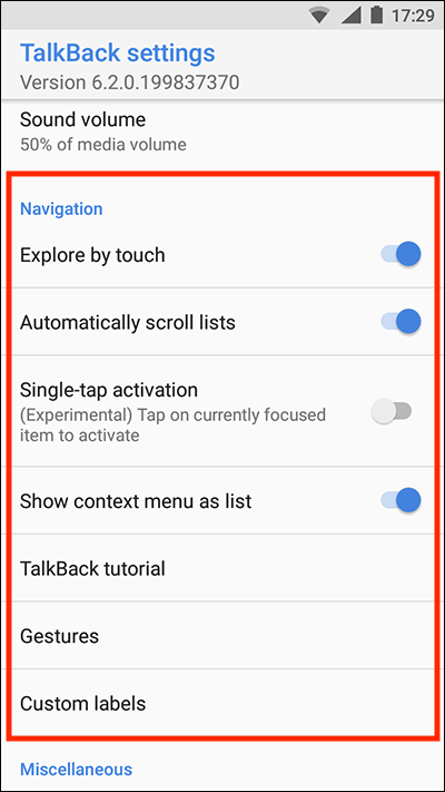 The 'Navigation options' section in TalkBack settings.