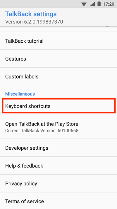 The 'Keyboard shortcuts' option in TalkBack settings.