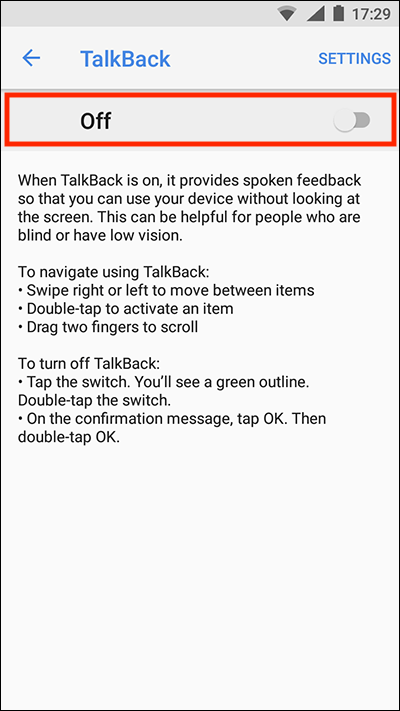 The Talkback settings screen.