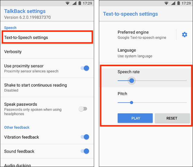 The Text-to-speech option in TalkBack settings.