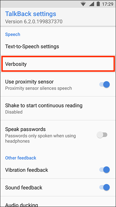 The Verbosity option in TalkBack settings.