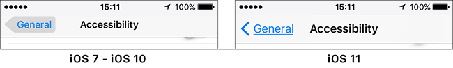 iOS Button Shapes. iOS 7 - 10 buttons have a grey background that has a pointed side indicating back or forwards. From iOS 11 onwards buttons are underlined and have an arrowhead indicating back or forwards.