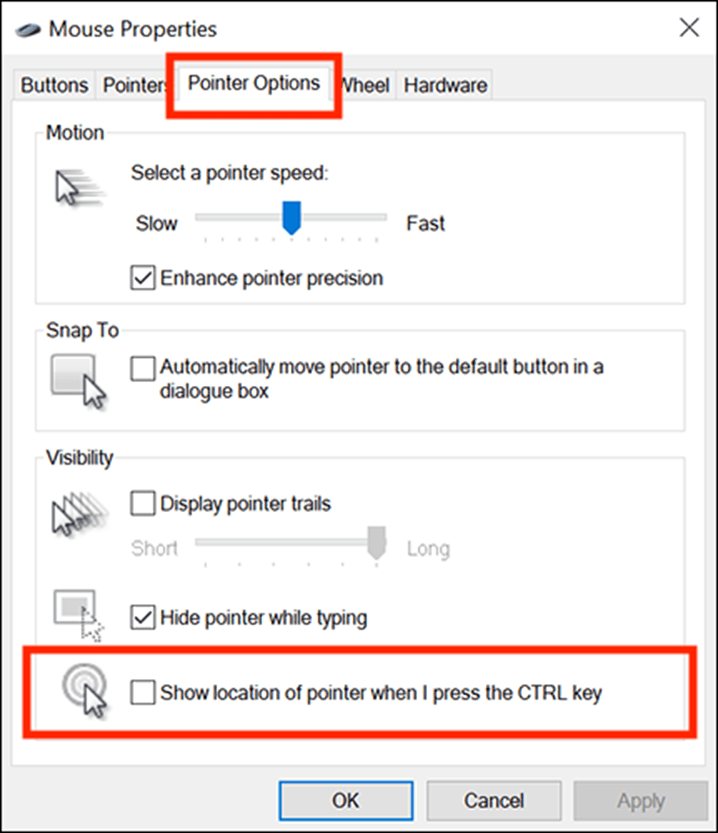 Click Pointer Options, then tick Show location of pointer when I press the CTRL key