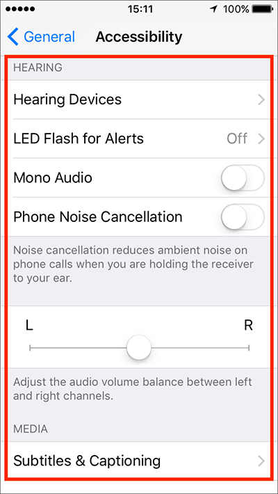 Hearing – iPhone/iPad/iPod Touch iOS 10, iOS 11 Fig 1
