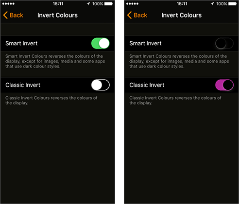 Examples of the screen appearance when using Inverted Colours 