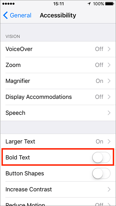 Fig 4 - Bold Text – iPhone/iPad/iPod Touch iOS 10