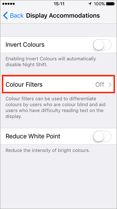Fig 5 - Colour Filters – iPhone/iPad/iPod Touch iOS 10