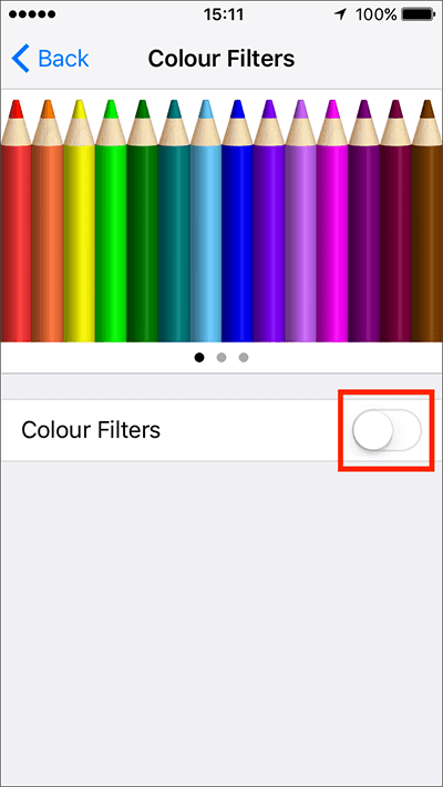 Tap the toggle switch next to Colour Filters