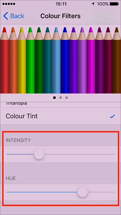 If Colour Tint is choosen, drag the sliders to change the intensity and hue of the filter