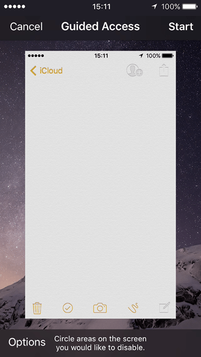 Guided Access example using the Notes app
