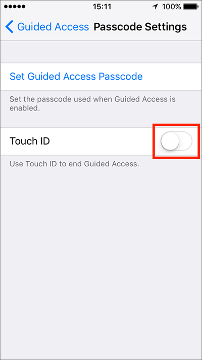 Tap the toggle switch for Touch ID