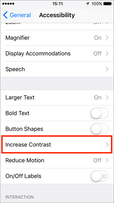 Fig 4 - Increase Contrast – iPhone/iPad/iPod Touch iOS 10