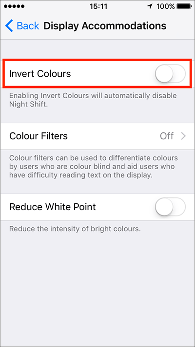 Fig 5 - Invert Colours – iPhone/iPad/iPod Touch iOS 10