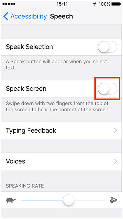 Fig 5 - Speak Screen – iPhone/iPad/iPod Touch iOS 10
