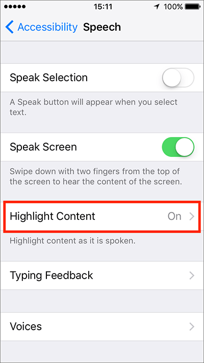 Fig 6 - Speak Screen – iPhone/iPad/iPod Touch iOS 10