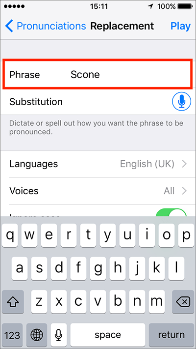 Fig 12 - Speech Settings – iPhone/iPad/iPod Touch iOS 10