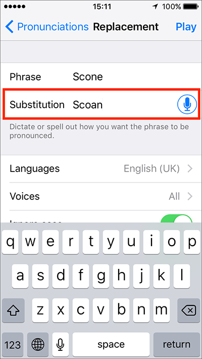 Fig 13 - Speech Settings – iPhone/iPad/iPod Touch iOS 10