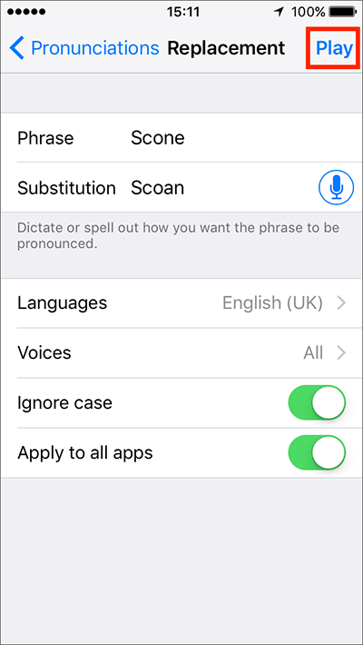 Fig 14 - Speech Settings – iPhone/iPad/iPod Touch iOS 10