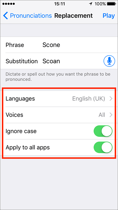 Fig 15 - Speech Settings – iPhone/iPad/iPod Touch iOS 10