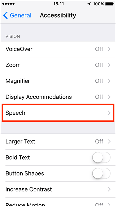 Fig 4 - Speech Settings – iPhone/iPad/iPod Touch iOS 10