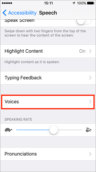 Fig 5 - Speech Settings – iPhone/iPad/iPod Touch iOS 10