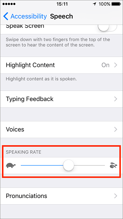 Fig 9 - Speech Settings – iPhone/iPad/iPod Touch iOS 10