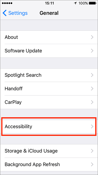 The Accessibility option, sixth item on the 'General' screen in Settings