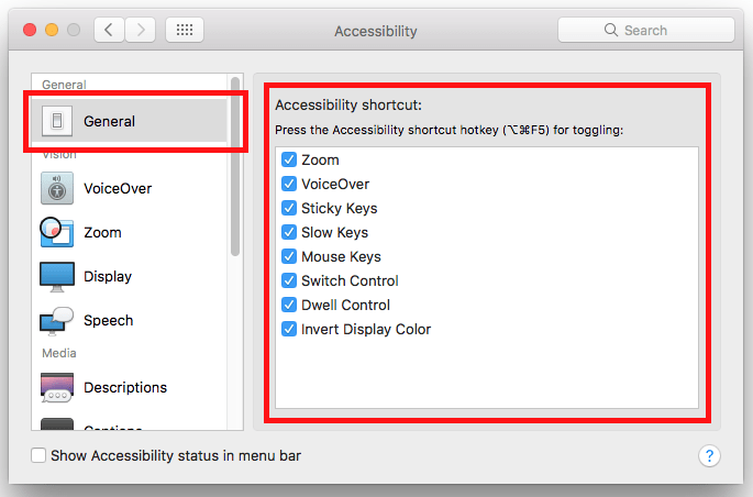 Fig 4 - macOS 10.12 Sierra - Accessibility shortcut