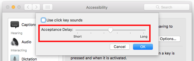 The Enable Slow Keys options screen with the Acceptance Delay slider highlighted