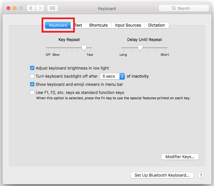 Fig 3 - macOS 10.12 Sierra – Changing keyboard settings