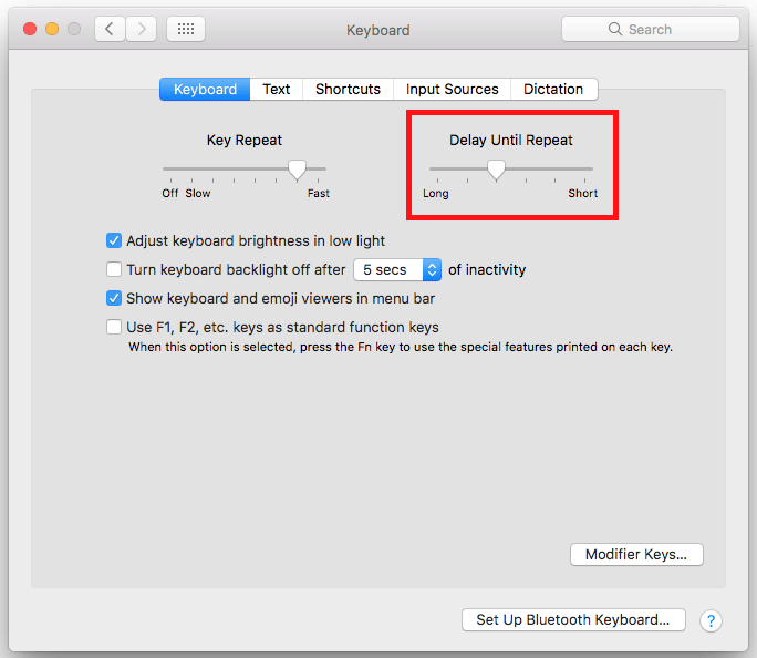 The Keyboard preferences screen with the Delay Until Repeat slider highlighted