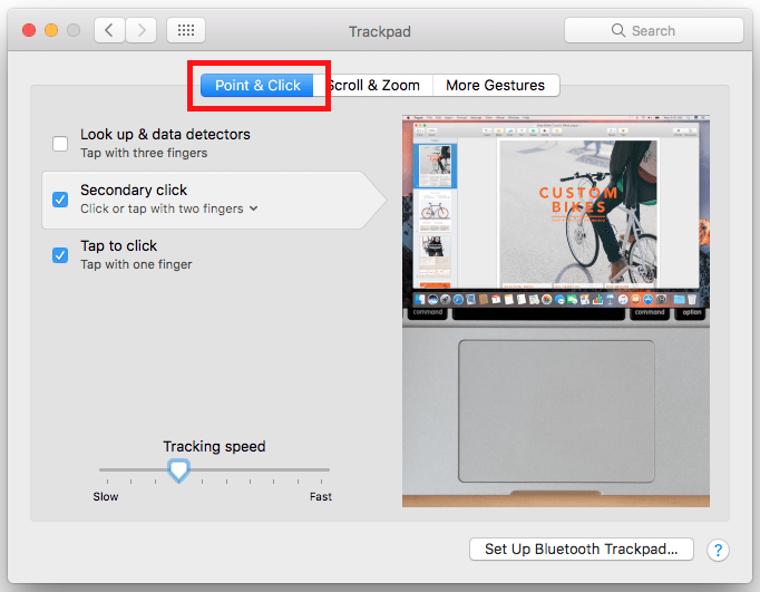 The Trackpad preferences window with Point & Click highlighted