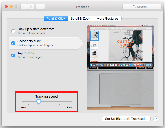 The Trackpad preferences window with the slider for Tracking speed highlighted
