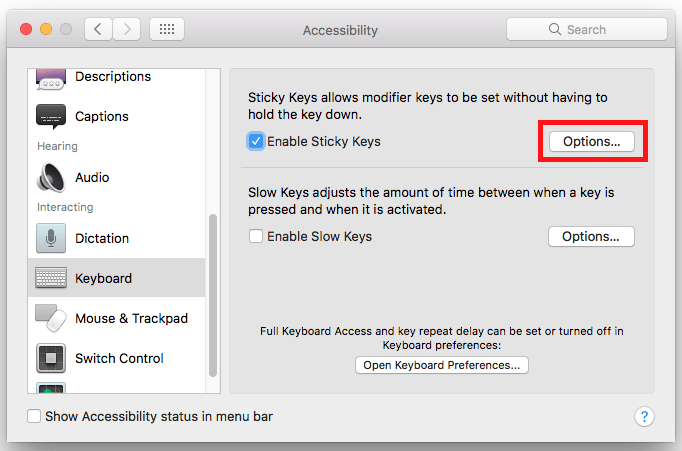 Fig 5 - macOS 10.12 Sierra – Using the keyboard one-handed