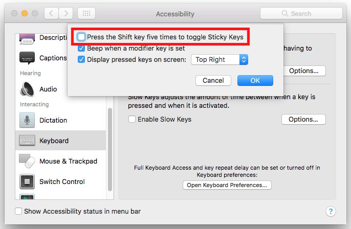 Fig 6 - macOS 10.12 Sierra – Using the keyboard one-handed