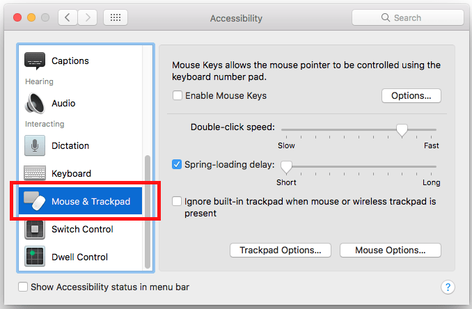 Fig 3 - macOS 10.12 Sierra - Using the keyboard to control the mouse