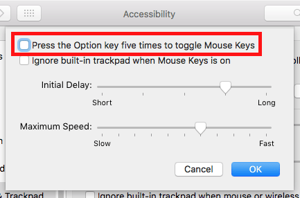 Mouse Key options window highlighting the checkbox for Press the Option key 5 times to toggle Mouse Keys