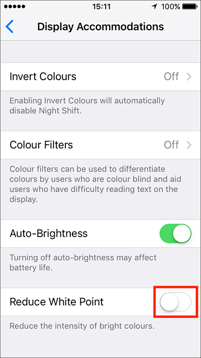 Reduce the intensity of bright colours – iPhone/iPad/iPod Touch iOS 10, iOS 11 Fig 2