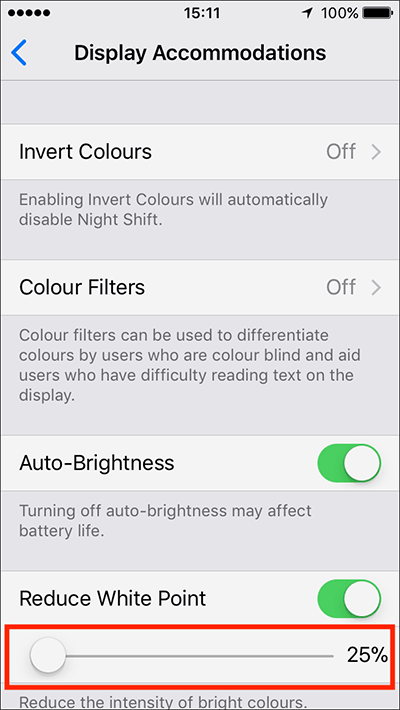 Reduce the intensity of bright colours – iPhone/iPad/iPod Touch iOS 10, iOS 11 Fig 3