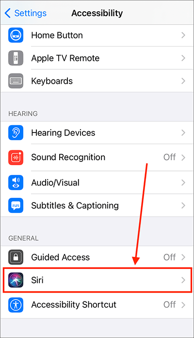 Tap Accessibility, then scroll down and tap Siri