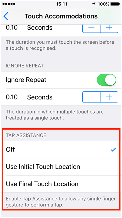 Touch Accommodations – iPhone/iPad/iPod Touch iOS 10, iOS 11 Fig 6