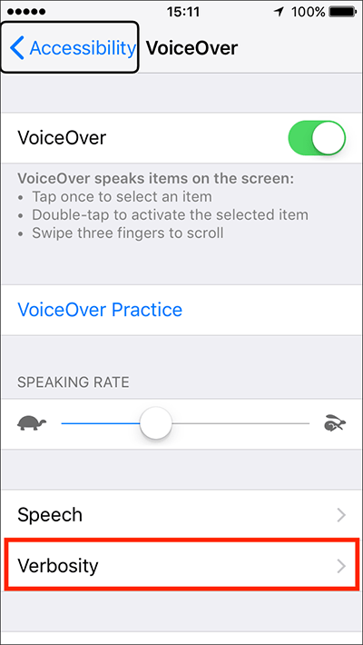 The Verbosity option in VoiceOver settings.