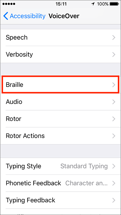The Braille option in VoiceOver settings.