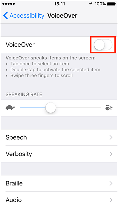 The VoiceOver on/off toggle switch at the top of the VoiceOver settings screen.
