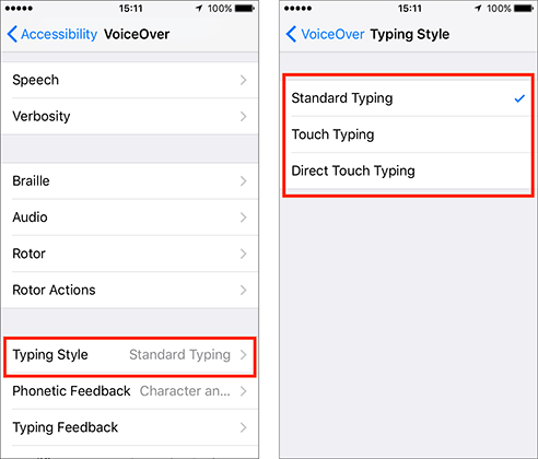 The Typing Style option in VoiceOver settings.