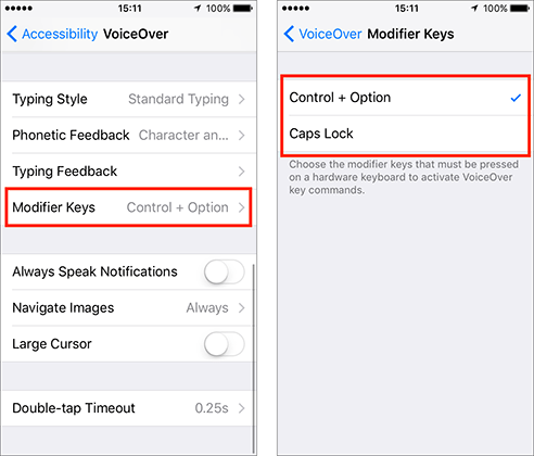 The Modifier Keys option in VoiceOver settings.
