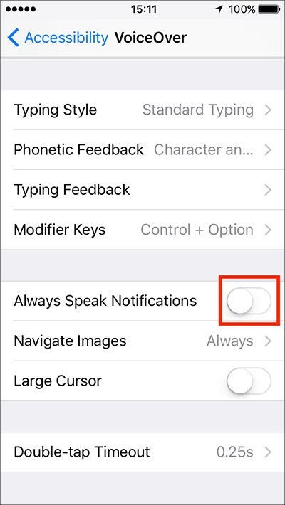 The Always Speak Notifications on/off toggle switch in VoiceOver settings.