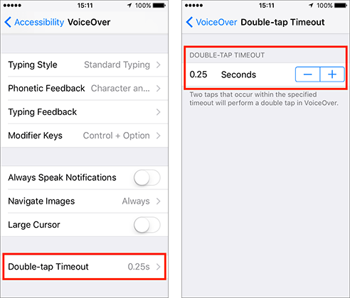 The Double-tap Timeout option in VoiceOver settings.