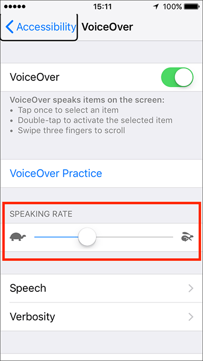 The Speaking rate slider, third item in VoiceOver settings.