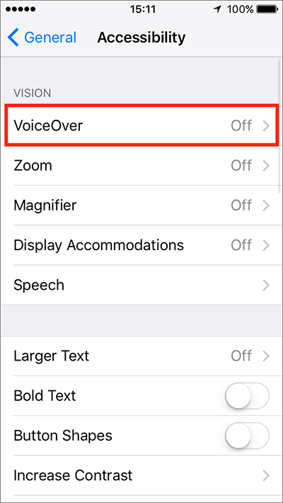 VoiceOver – iPhone/iPad/iPod Touch iOS 10 Fig 1